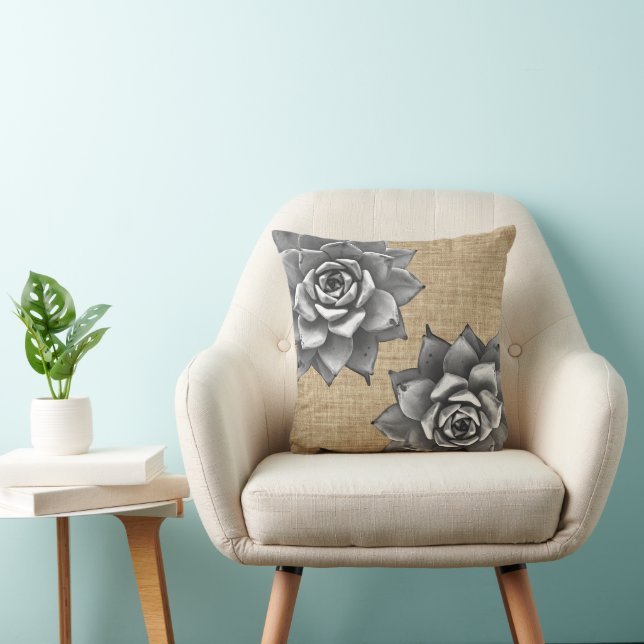 Succulent Watercolor Gray on Tan Burlap Throw Pillow (Chair)