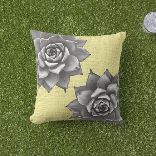 Succulent Watercolor Gray on Yellow Outdoor Pillow
