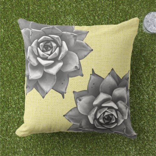 Succulent Watercolor Gray on Yellow Outdoor Pillow