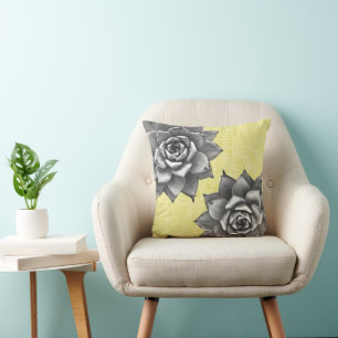 Succulent Watercolor Gray on Yellow Throw Pillow
