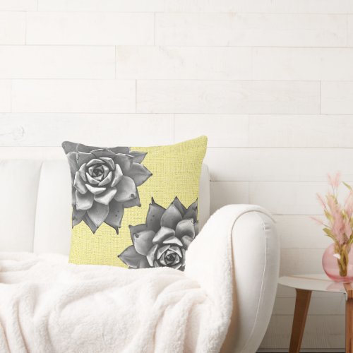 Succulent Watercolor Gray on Yellow Throw Pillow