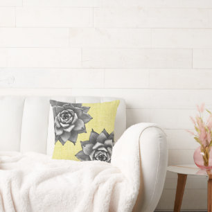 Succulent Watercolor Gray on Yellow Throw Pillow