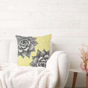 Succulent Watercolor Gray on Yellow Throw Pillow