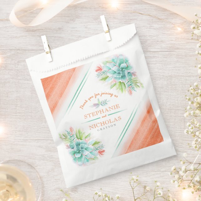 Succulent watercolor green orange wedding favor bag (Clipped)