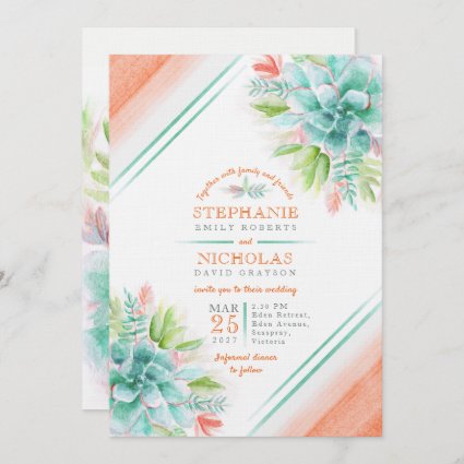 Succulent watercolor green orange wedding invites
