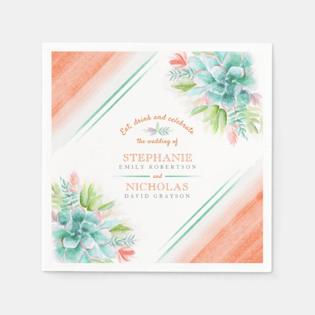 Succulent watercolor green orange wedding napkins (Front)