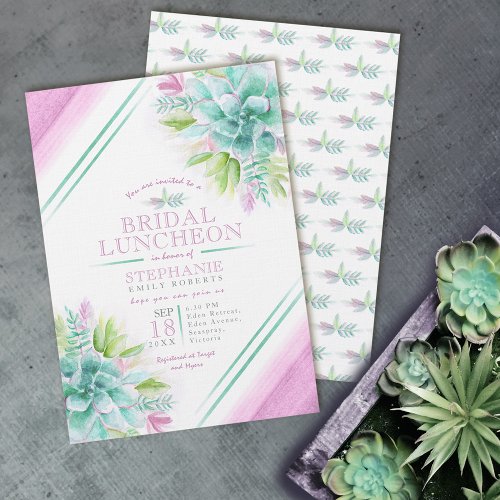 Succulent watercolor green purple bridal luncheon invitation