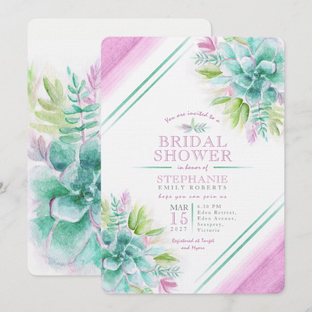 Succulent watercolor green purple bridal shower invitation (Front/Back)