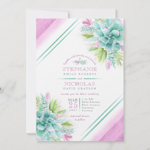 Succulent watercolor green purple photo wedding  invitation