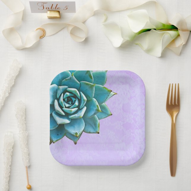 Succulent Watercolor  Lavender Lace Paper Plates (Wedding)