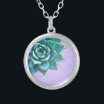 Succulent Watercolor Lavender Lace Silver Plated Necklace<br><div class="desc">This romantic necklace features an aqua succulent on a lavender lace background.  If you're planning a wedding and including succulents in your bouquets,  these would make lovely bridesmaid necklaces.</div>