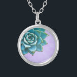 Succulent Watercolor Lavender Lace Silver Plated Necklace<br><div class="desc">This romantic necklace features an aqua succulent on a lavender lace background.  If you're planning a wedding and including succulents in your bouquets,  these would make lovely bridesmaid necklaces.</div>