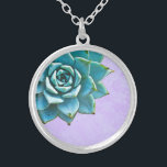 Succulent Watercolor Lavender Lace Silver Plated Necklace<br><div class="desc">This romantic necklace features an aqua succulent on a lavender lace background.  If you're planning a wedding and including succulents in your bouquets,  these would make lovely bridesmaid necklaces.</div>