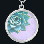 Succulent Watercolor Lavender Lace Silver Plated Necklace<br><div class="desc">This romantic necklace features an aqua succulent on a lavender lace background.  If you're planning a wedding and including succulents in your bouquets,  these would make lovely bridesmaid necklaces.</div>