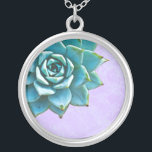 Succulent Watercolor Lavender Lace Silver Plated Necklace<br><div class="desc">This romantic necklace features an aqua succulent on a lavender lace background.  If you're planning a wedding and including succulents in your bouquets,  these would make lovely bridesmaid necklaces.</div>