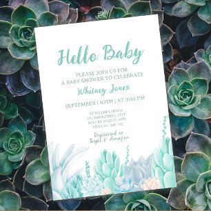 Succulent Watercolor Mint Green Boy Baby Shower Invitation