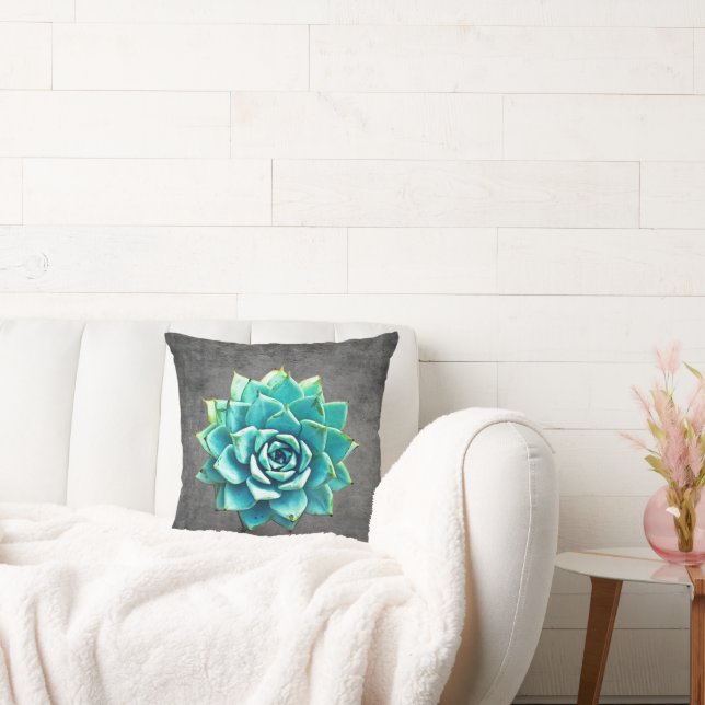 Succulent Watercolor on Gray Throw Pillow (Couch)