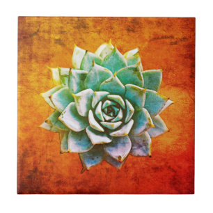 Succulent Watercolor on Orange Rust Ceramic Tile