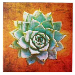 Succulent Watercolor on Orange Rust Ceramic Tile