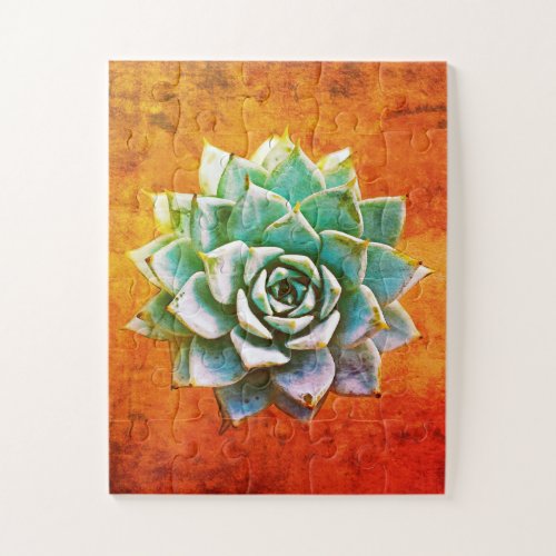 Succulent Watercolor on Orange Rust Jigsaw Puzzle