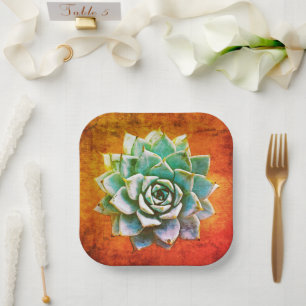 Succulent Watercolor on Orange Rust Paper Plates