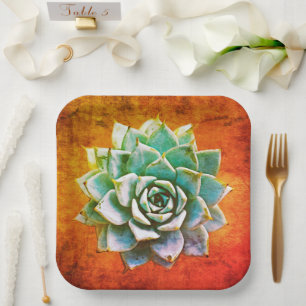 Succulent Watercolor on Orange Rust Paper Plates
