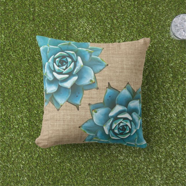 Succulent Watercolor on Tan Burlap Throw Pillow (Grass)
