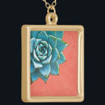 Succulent Watercolor Orange Lace Gold Plated Necklace<br><div class="desc">This romantic necklace features an aqua succulent on an orange lace background.  If you're planning a wedding and including succulents in your bouquets,  these would make lovely bridesmaid necklaces.</div>