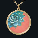 Succulent Watercolor Orange Lace Gold Plated Necklace<br><div class="desc">This romantic necklace features an aqua succulent on an orange lace background.  If you're planning a wedding and including succulents in your bouquets,  these would make lovely bridesmaid necklaces.</div>