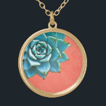 Succulent Watercolor Orange Lace Gold Plated Necklace<br><div class="desc">This romantic necklace features an aqua succulent on an orange lace background.  If you're planning a wedding and including succulents in your bouquets,  these would make lovely bridesmaid necklaces.</div>