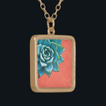 Succulent Watercolor Orange Lace Gold Plated Necklace<br><div class="desc">This romantic necklace features an aqua succulent on an orange lace background.  If you're planning a wedding and including succulents in your bouquets,  these would make lovely bridesmaid necklaces.</div>