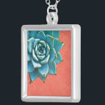 Succulent Watercolor Orange Lace Silver Plated Necklace<br><div class="desc">This romantic necklace features an aqua succulent on an orange lace background.  If you're planning a wedding and including succulents in your bouquets,  these would make lovely bridesmaid necklaces.</div>