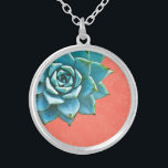 Succulent Watercolor Orange Lace Silver Plated Necklace<br><div class="desc">This romantic necklace features an aqua succulent on an orange lace background.  If you're planning a wedding and including succulents in your bouquets,  these would make lovely bridesmaid necklaces.</div>