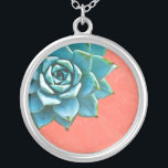 Succulent Watercolor Orange Lace Silver Plated Necklace<br><div class="desc">This romantic necklace features an aqua succulent on an orange lace background.  If you're planning a wedding and including succulents in your bouquets,  these would make lovely bridesmaid necklaces.</div>