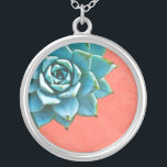 Succulent Watercolor Orange Lace Silver Plated Necklace<br><div class="desc">This romantic necklace features an aqua succulent on an orange lace background.  If you're planning a wedding and including succulents in your bouquets,  these would make lovely bridesmaid necklaces.</div>