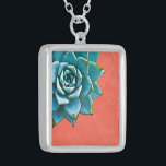 Succulent Watercolor Orange Lace Silver Plated Necklace<br><div class="desc">This romantic necklace features an aqua succulent on an orange lace background.  If you're planning a wedding and including succulents in your bouquets,  these would make lovely bridesmaid necklaces.</div>