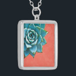 Succulent Watercolor Orange Lace Silver Plated Necklace<br><div class="desc">This romantic necklace features an aqua succulent on an orange lace background.  If you're planning a wedding and including succulents in your bouquets,  these would make lovely bridesmaid necklaces.</div>