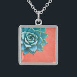 Succulent Watercolor Orange Lace Sterling Silver Necklace<br><div class="desc">This romantic necklace features an aqua succulent on an orange lace background.  If you're planning a wedding and including succulents in your bouquets,  these would make lovely bridesmaid necklaces.</div>