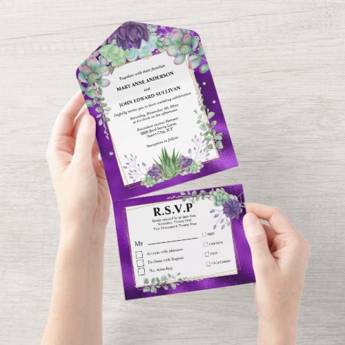 Succulent watercolor peacock colors chic wedding all in one invitation