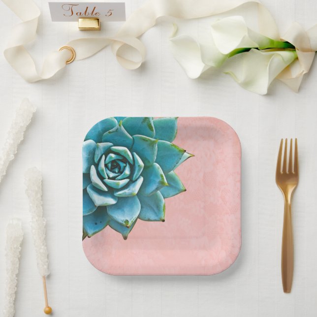 Succulent Watercolor Pink Lace Paper Plates (Wedding)