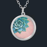 Succulent Watercolor Pink Lace Silver Plated Necklace<br><div class="desc">This romantic necklace features an aqua succulent on a blush pink lace background.  If you're planning a wedding and including succulents in your bouquets,  these would make lovely bridesmaid necklaces.</div>