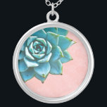 Succulent Watercolor Pink Lace Silver Plated Necklace<br><div class="desc">This romantic necklace features an aqua succulent on a blush pink lace background.  If you're planning a wedding and including succulents in your bouquets,  these would make lovely bridesmaid necklaces.</div>