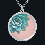Succulent Watercolor Pink Lace Silver Plated Necklace<br><div class="desc">This romantic necklace features an aqua succulent on a blush pink lace background.  If you're planning a wedding and including succulents in your bouquets,  these would make lovely bridesmaid necklaces.</div>
