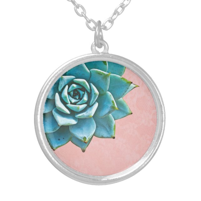 Succulent Watercolor Pink Lace Silver Plated Necklace (Front)