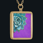 Succulent Watercolor Purple Lace Gold Plated Necklace<br><div class="desc">This romantic necklace features an aqua succulent on a purple lace background.  If you're planning a wedding and including succulents in your bouquets,  these would make lovely bridesmaid necklaces.</div>