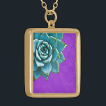 Succulent Watercolor Purple Lace Gold Plated Necklace<br><div class="desc">This romantic necklace features an aqua succulent on a purple lace background.  If you're planning a wedding and including succulents in your bouquets,  these would make lovely bridesmaid necklaces.</div>