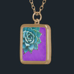 Succulent Watercolor Purple Lace Gold Plated Necklace<br><div class="desc">This romantic necklace features an aqua succulent on a purple lace background.  If you're planning a wedding and including succulents in your bouquets,  these would make lovely bridesmaid necklaces.</div>