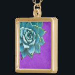 Succulent Watercolor Purple Lace Gold Plated Necklace<br><div class="desc">This romantic necklace features an aqua succulent on a purple lace background.  If you're planning a wedding and including succulents in your bouquets,  these would make lovely bridesmaid necklaces.</div>