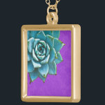 Succulent Watercolor Purple Lace Gold Plated Necklace<br><div class="desc">This romantic necklace features an aqua succulent on a purple lace background.  If you're planning a wedding and including succulents in your bouquets,  these would make lovely bridesmaid necklaces.</div>
