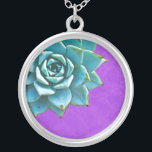 Succulent Watercolor Purple Lace Silver Plated Necklace<br><div class="desc">This romantic necklace features an aqua succulent on a purple lace background.  If you're planning a wedding and including succulents in your bouquets,  these would make lovely bridesmaid necklaces.</div>